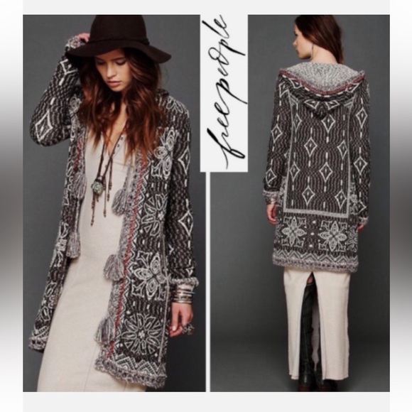 Free People Kai Brown boho hooded tassel floral open front cardigan duster.Small - Picture 2 of 16